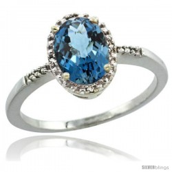 Sterling Silver Diamond Natural London Blue Topaz Ring 1.17 ct Oval Stone 8x6 mm, 3/8 in wide