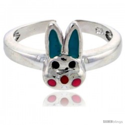 Sterling Silver Child Size Rabbit Head Ring, w/ Aqua Green & Pink Enamel Design, 3/8" (9 mm) wide