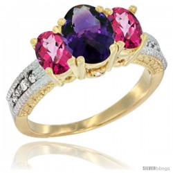 14k Yellow Gold Ladies Oval Natural Amethyst 3-Stone Ring with Pink Topaz Sides Diamond Accent