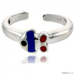 Sterling Silver Child Size Fish Ring, w/ Blue & Red Enamel Design, 1/4" (6 mm) wide