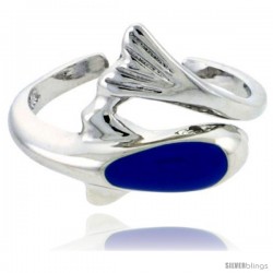 Sterling Silver Child Size Dolphin Ring, w/ Blue Enamel Design, 7/16" (11 mm) wide