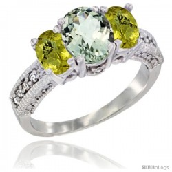 10K White Gold Ladies Oval Natural Green Amethyst 3-Stone Ring with Lemon Quartz Sides Diamond Accent