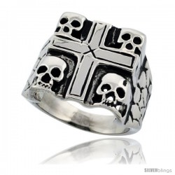 Surgical Steel Biker Ring 4 Skulls in a Cross 3/4 in long