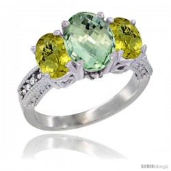 10K White Gold Ladies Natural Green Amethyst Oval 3 Stone Ring with Lemon Quartz Sides Diamond Accent