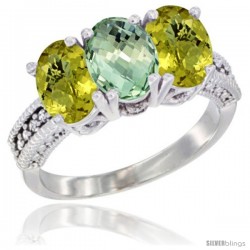 10K White Gold Natural Green Amethyst & Lemon Quartz Sides Ring 3-Stone Oval 7x5 mm Diamond Accent