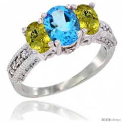 10K White Gold Ladies Oval Natural Swiss Blue Topaz 3-Stone Ring with Lemon Quartz Sides Diamond Accent