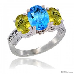 10K White Gold Ladies Natural Swiss Blue Topaz Oval 3 Stone Ring with Lemon Quartz Sides Diamond Accent