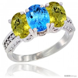 10K White Gold Natural Swiss Blue Topaz & Lemon Quartz Sides Ring 3-Stone Oval 7x5 mm Diamond Accent