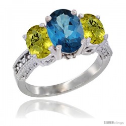 10K White Gold Ladies Natural London Blue Topaz Oval 3 Stone Ring with Lemon Quartz Sides Diamond Accent