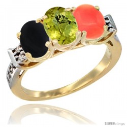 10K Yellow Gold Natural Black Onyx, Lemon Quartz & Coral Ring 3-Stone Oval 7x5 mm Diamond Accent