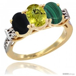 10K Yellow Gold Natural Black Onyx, Lemon Quartz & Malachite Ring 3-Stone Oval 7x5 mm Diamond Accent