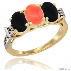 10K Yellow Gold Natural Coral & Black Onyx Sides Ring 3-Stone Oval 7x5 mm Diamond Accent