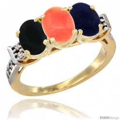 10K Yellow Gold Natural Black Onyx, Coral & Lapis Ring 3-Stone Oval 7x5 mm Diamond Accent