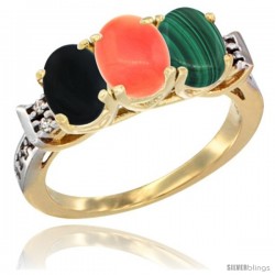 10K Yellow Gold Natural Black Onyx, Coral & Malachite Ring 3-Stone Oval 7x5 mm Diamond Accent