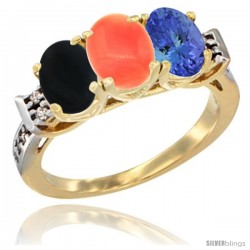 10K Yellow Gold Natural Black Onyx, Coral & Tanzanite Ring 3-Stone Oval 7x5 mm Diamond Accent