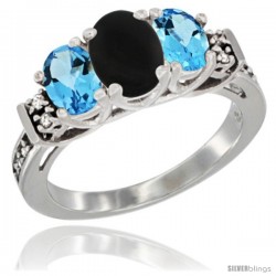 14K White Gold Natural Black Onyx & Swiss Blue Topaz Ring 3-Stone Oval with Diamond Accent