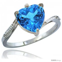 14k White Gold Ladies Natural Swiss Blue Topaz Ring Heart-shape 9x9 Stone Diamond Accent