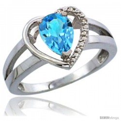 14k White Gold Ladies Natural Swiss Blue Topaz Ring Heart-shape 5 mm Stone Diamond Accent