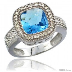 14k White Gold Ladies Natural Swiss Blue Topaz Ring Cushion-cut 4 ct. 8x8 Stone Diamond Accent