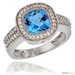 14k White Gold Ladies Natural Swiss Blue Topaz Ring Cushion-cut 3.5 ct. 7x7 Stone Diamond Accent