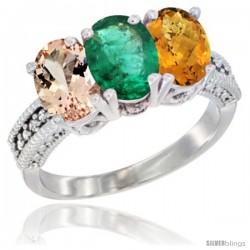 14K White Gold Natural Morganite, Emerald & Whisky Quartz Ring 3-Stone Oval 7x5 mm Diamond Accent