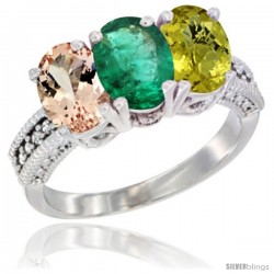 14K White Gold Natural Morganite, Emerald & Lemon Quartz Ring 3-Stone Oval 7x5 mm Diamond Accent