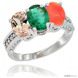 14K White Gold Natural Morganite, Emerald & Coral Ring 3-Stone Oval 7x5 mm Diamond Accent