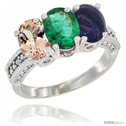 14K White Gold Natural Morganite, Emerald & Lapis Ring 3-Stone Oval 7x5 mm Diamond Accent