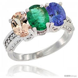 14K White Gold Natural Morganite, Emerald & Tanzanite Ring 3-Stone Oval 7x5 mm Diamond Accent