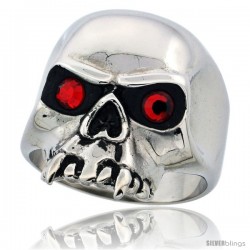 Surgical Steel Biker Skull Ring with Fangs Red CZ Eyes 15/16 in long