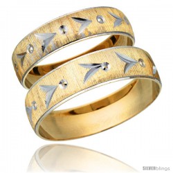 10k Gold 2-Piece Wedding Band Ring Set Him & Her 5.5mm & 4.5mm Diamond-cut Pattern Rhodium Accent -Style 10y507w2