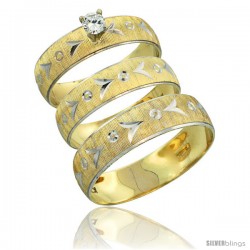 10k Gold 3-Piece Trio Diamond Wedding Ring Set Him & Her 0.10 ct Rhodium Accent Diamond-cut Pattern -Style 10y507w3