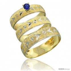 10k Gold 3-Piece Trio Blue Sapphire Wedding Ring Set Him & Her 0.10 ct Rhodium Accent Diamond-cut Pattern -Style 10y507w3