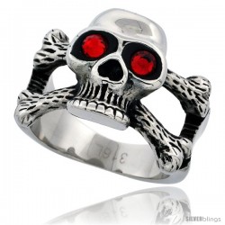 Surgical Steel Biker Skull Ring and Cross Bones Red CZ Eyes 5/8 in long