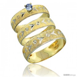 10k Gold 3-Piece Trio Light Blue Sapphire Wedding Ring Set Him & Her 0.10 ct Rhodium Accent Diamond-cut Pattern -Style 10y507w3