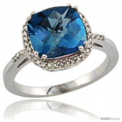 Sterling Silver Diamond Natural London Blue Topaz Ring 3.05 ct Cushion Cut 9x9 mm, 1/2 in wide