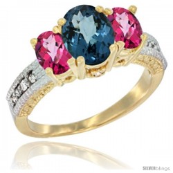 14k Yellow Gold Ladies Oval Natural London Blue Topaz 3-Stone Ring with Pink Topaz Sides Diamond Accent