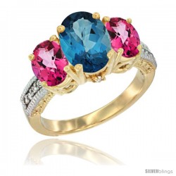 14K Yellow Gold Ladies 3-Stone Oval Natural London Blue Topaz Ring with Pink Topaz Sides Diamond Accent