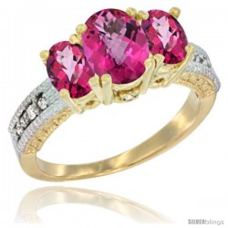 14k Yellow Gold Ladies Oval Natural Pink Topaz 3-Stone Ring Diamond Accent