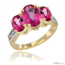 14K Yellow Gold Ladies 3-Stone Oval Natural Pink Topaz Ring Diamond Accent