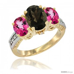 14K Yellow Gold Ladies 3-Stone Oval Natural Smoky Topaz Ring with Pink Topaz Sides Diamond Accent