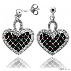 Sterling Silver 7/8" (23 mm) tall Checkered Heart Dangle Earrings, Rhodium Plated w/ Green & Red Enamel Designs