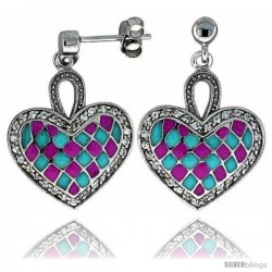 Sterling Silver 7/8" (23 mm) tall Checkered Heart Dangle Earrings, Rhodium Plated w/ Pink & Blue Enamel Designs