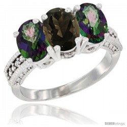 10K White Gold Natural Smoky Topaz & Mystic Topaz Sides Ring 3-Stone Oval 7x5 mm Diamond Accent