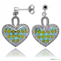 Sterling Silver 7/8" (23 mm) tall Checkered Heart Dangle Earrings, Rhodium Plated w/ Yellow & Blue Enamel Designs