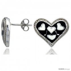 Sterling Silver 1/2" (13 mm) tall Heart Post Earrings, Rhodium Plated w/ Black & White Enamel Designs