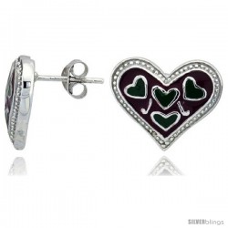 Sterling Silver 1/2" (13 mm) tall Heart Post Earrings, Rhodium Plated w/ Red & Green Enamel Designs