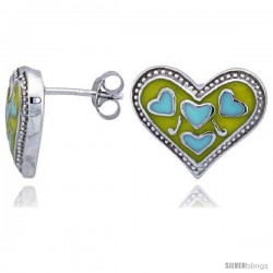 Sterling Silver 1/2" (13 mm) tall Heart Post Earrings, Rhodium Plated w/ Yellow & Blue Enamel Designs