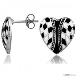 Sterling Silver 9/16" (15 mm) tall Checkered Heart Post Earrings, Rhodium Plated w/ Black & White Enamel Designs