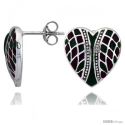 Sterling Silver 9/16" (15 mm) tall Checkered Heart Post Earrings, Rhodium Plated w/ Green & Red Enamel Designs